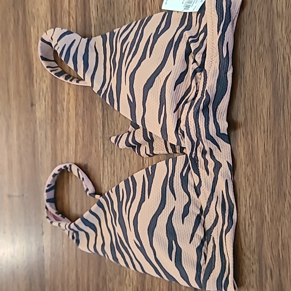 Aerie NWT Women's Triangle Tie Tiger Stripe Bikini Top Black/Tan Textured Size M - Picture 2 of 4